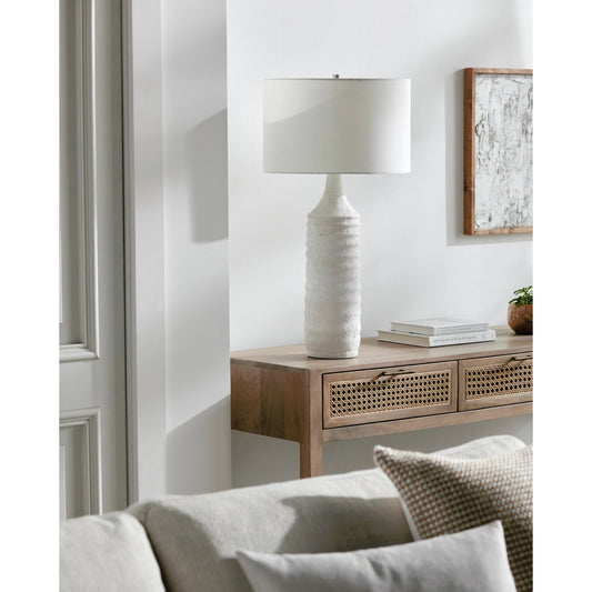Snowfall Table Lamp by Surya in white, translucent, metallic nickel and hand finished. Made from body: cement, metal, shade (outside): cotton, finial: metal in a modern style.