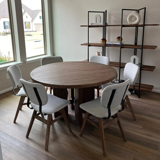 Fraser Round Dining Table by LH Imports in brown and light brown, gloss black. Made from ash, ash veneer, plywood, black metal in a unique style.