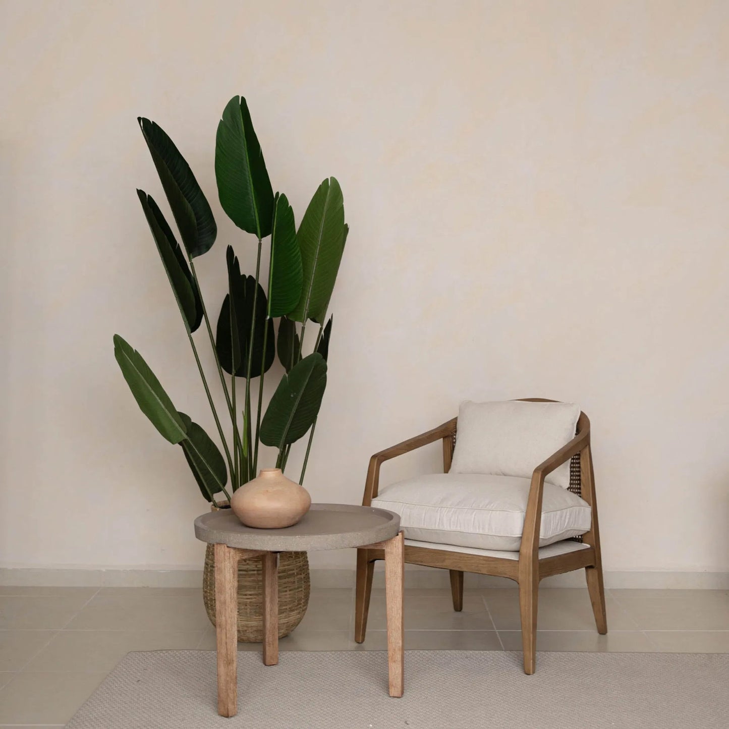 010 SI-2004411 | Lifestyle | Rosa Club Chair by LH Imports in sand boucle and brown. Made from ash wood, rattan, pu foam, polyester fiber in a transitional style.