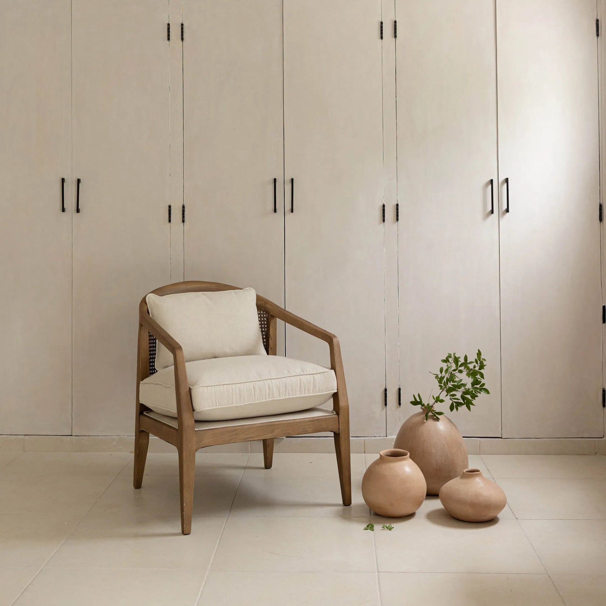 Rosa Club Chair by LH Imports in sand boucle and brown. Made from ash wood, rattan, pu foam, polyester fiber in a transitional style.