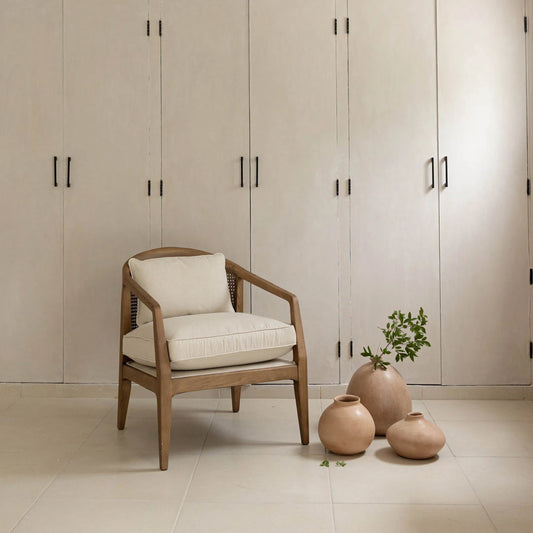 Rosa Club Chair by LH Imports in sand boucle and brown. Made from ash wood, rattan, pu foam, polyester fiber in a unique style.