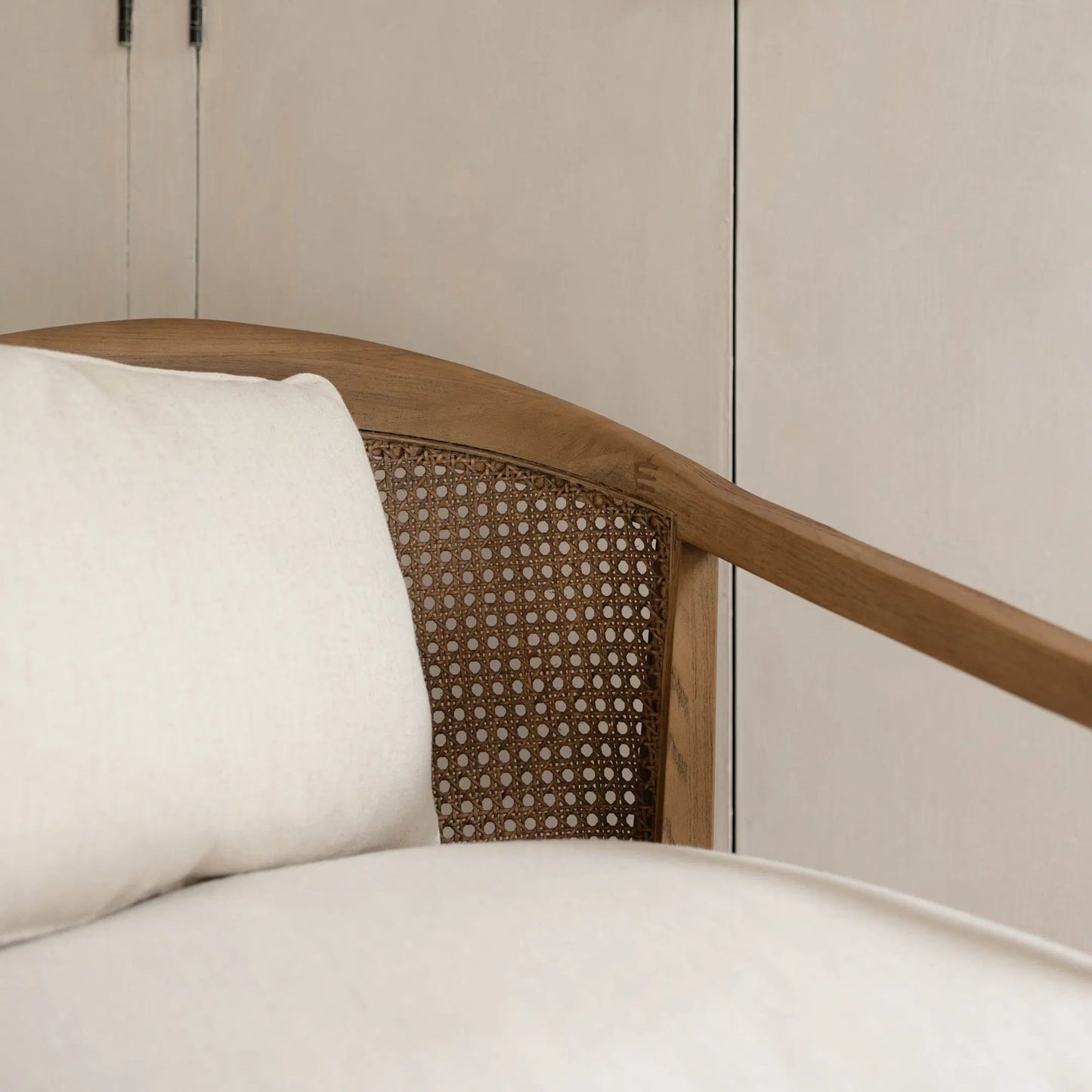 007 SI-2004411 | Closeup | Rosa Club Chair by LH Imports in sand boucle and brown. Made from ash wood, rattan, pu foam, polyester fiber in a transitional style.