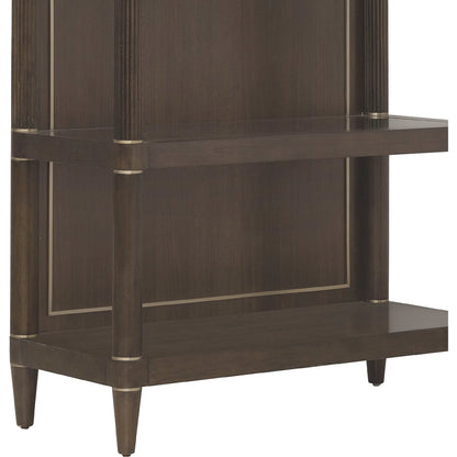 Asher Park Open Shelf Etagere by Pulaski Furniture in piano brown. Made from eucalyptus veneers in a unique style.