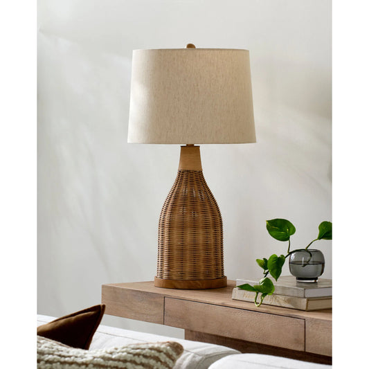 Senja Accent Table Lamp by Surya in beige. Made from rattan, cotton, iron in a unique style.