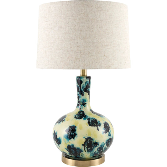 Snicarte Accent Table Lamp by Livabliss in translucent, blue, white, wheat, metallic brass and painted, plated. Made from glass, iron, linen in a unique style.