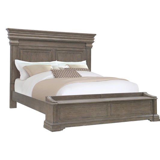 Madison Ridge Bed with Chest Footboard by Pulaski Furniture in natural bark. Made from flat-cut white oak wood veneers in a unique style.