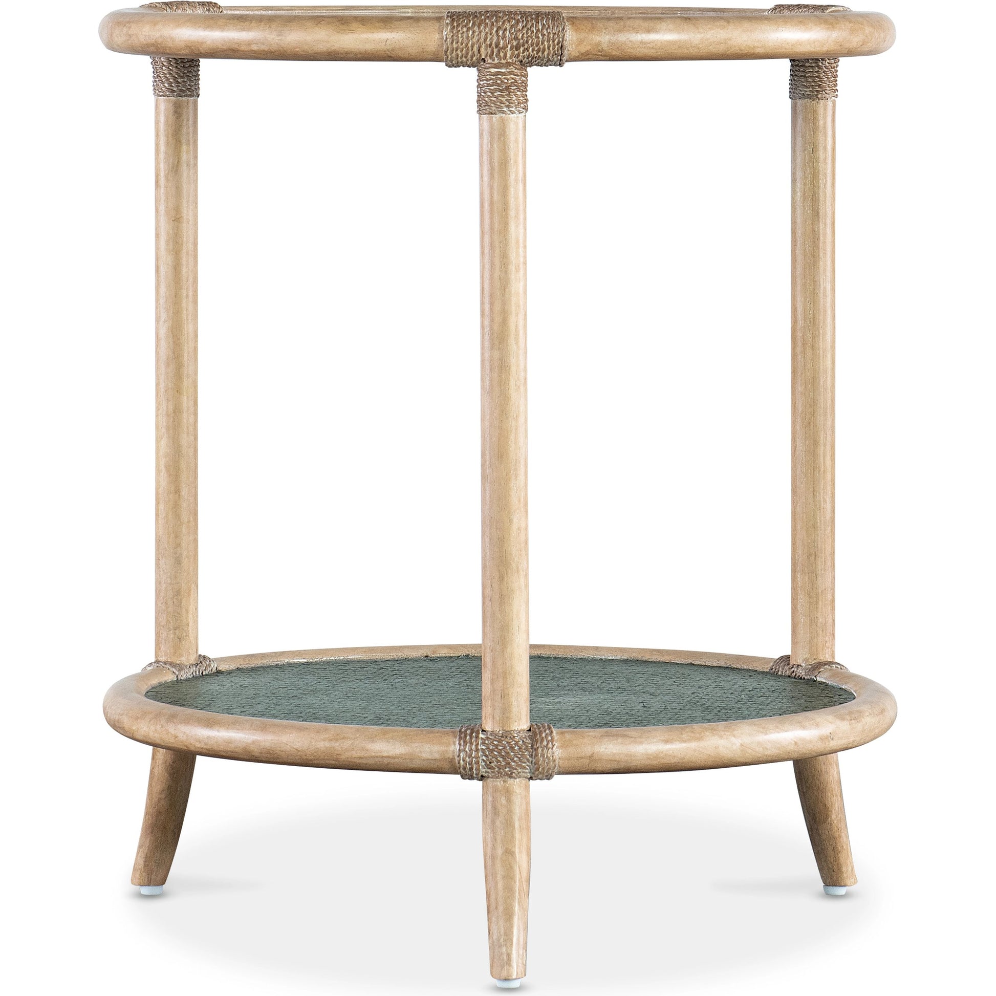 Retreat Raffia End Table by Hooker Furniture. Made from maple veneers, engineered raffia, rope, tempered glass in a cottage & farmhouse style.
