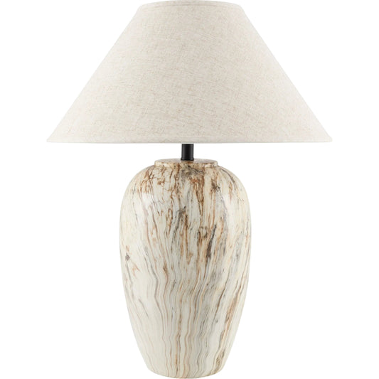 Sanza Accent Table Lamp by Surya in brown, white. Made from ceramic, linen, plastic, resin in a transitional style.