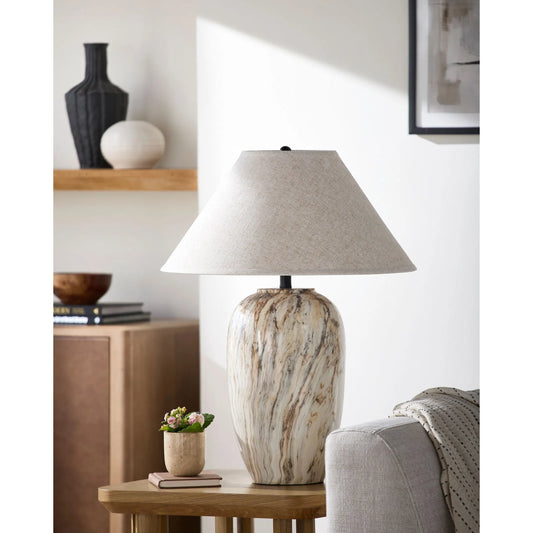 Sanza Accent Table Lamp by Surya in brown, white. Made from ceramic, linen, plastic, resin in a transitional style.