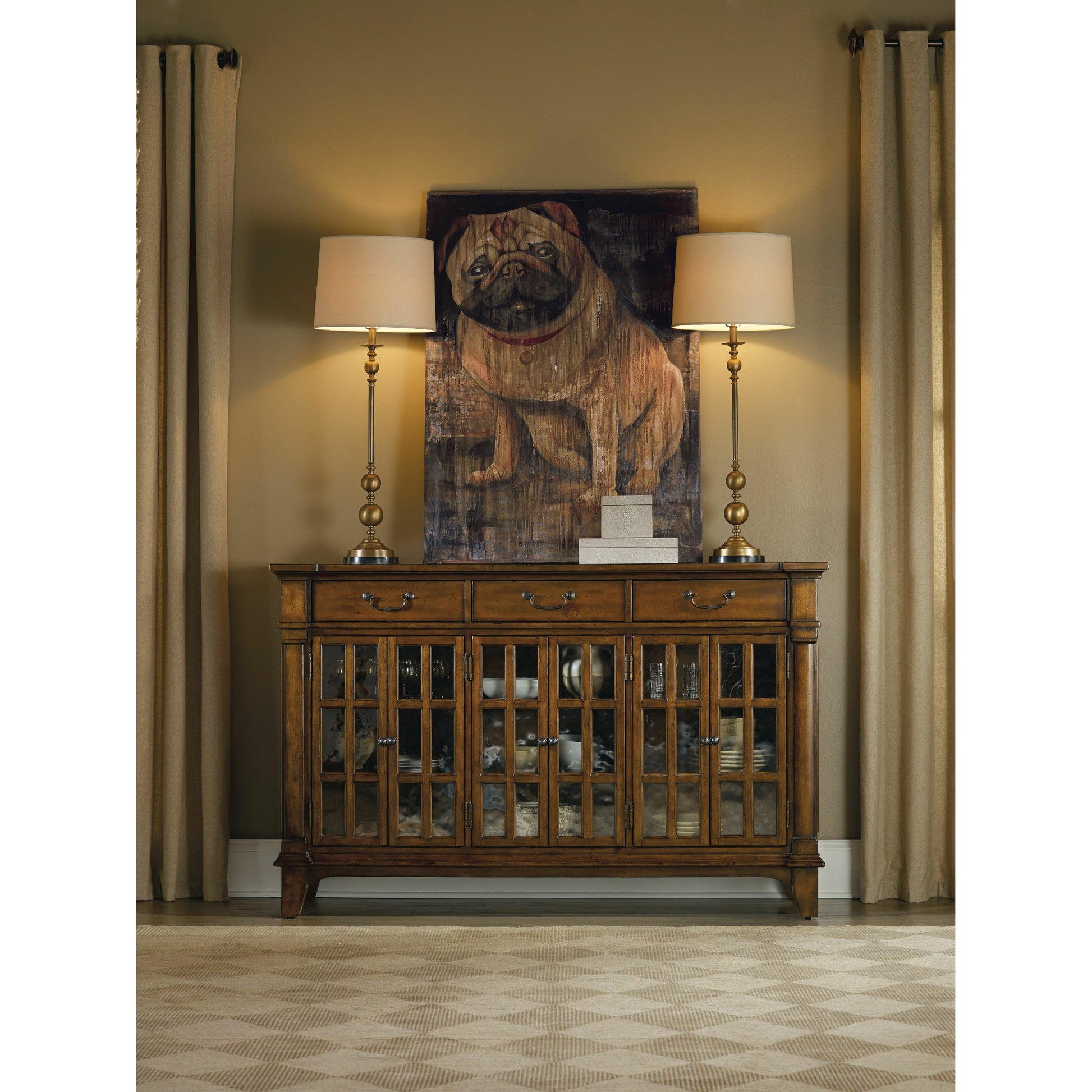 Tynecastle Buffet by Hooker Furniture in chestnut. Made from alder veneers, seeded glass in a traditional style.