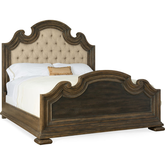 Fair Oaks Upholstered Bed by Hooker Furniture in beige and saddle brown, blackwood desert. Made from white oak veneers, fabric, resin in a traditional style.