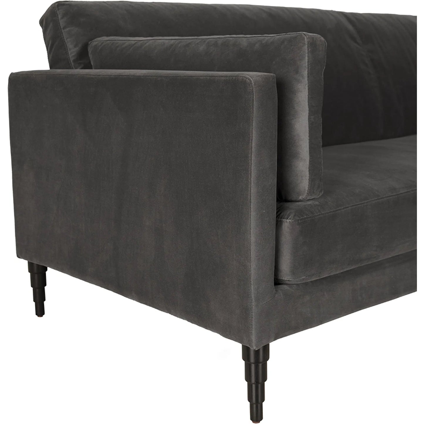 004 SI-2524146 | Closeup | Andalusia Velvet Sofa by Noir in grey velvet, black legs. Made from velvet, wood legs in a traditional style.