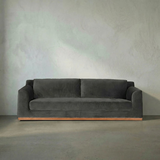 Seville Sofa by Noir in charcoal, dark walnut. Made from velvet, walnut in a eclectic & global style.
