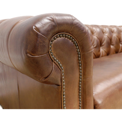 Paris Club Chesterfield Sofa by Pasargad Home in brown. Made from top grain vintage cigar finish leather in a transitional style.