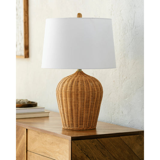 Sogno Accent Table Lamp - 524547 by Surya in body: brown, cord: translucent and naturalplated. Made from rattan, linen, iron in a cottage & farmhouse style.