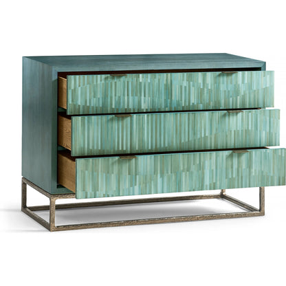Seaglass Bunching Chest by Jonathan Charles in blue and blue straw. Made from koto veneer, stainless steel, straw in a eclectic & global style.