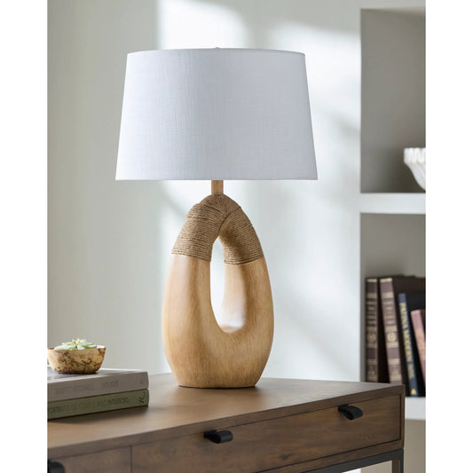 Sokade Accent Table Lamp by Livabliss in body: brown; shade: white; finial: brown; harp: metallic - gold; cord: translucent and paintedpainted. Made from resin, linen, plastic in a unique style.