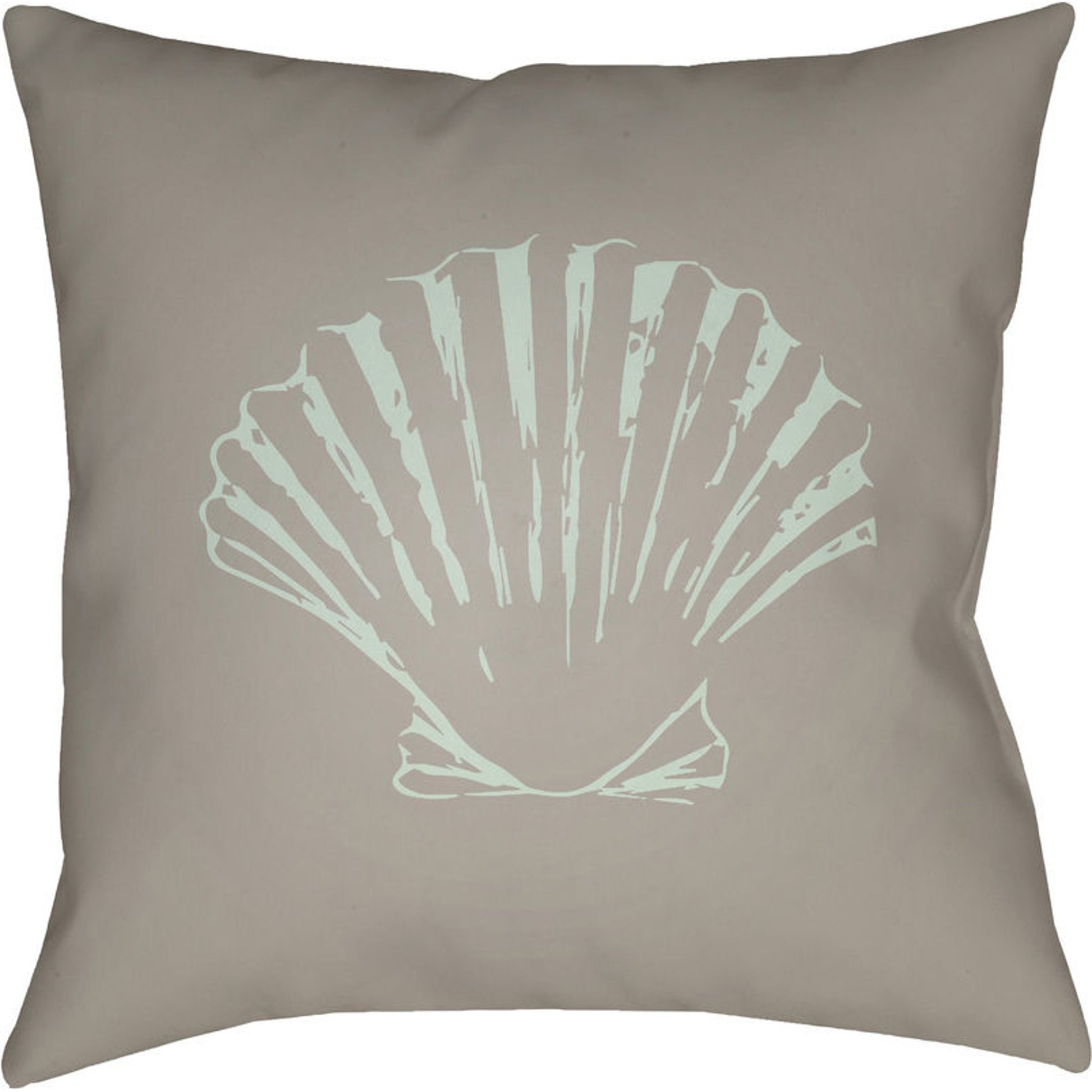 Shells II Indoor/Outdoor Pillow by Livabliss in brown, green. Made from front: 100% polyester, back: 100% polyester in a coastal style.