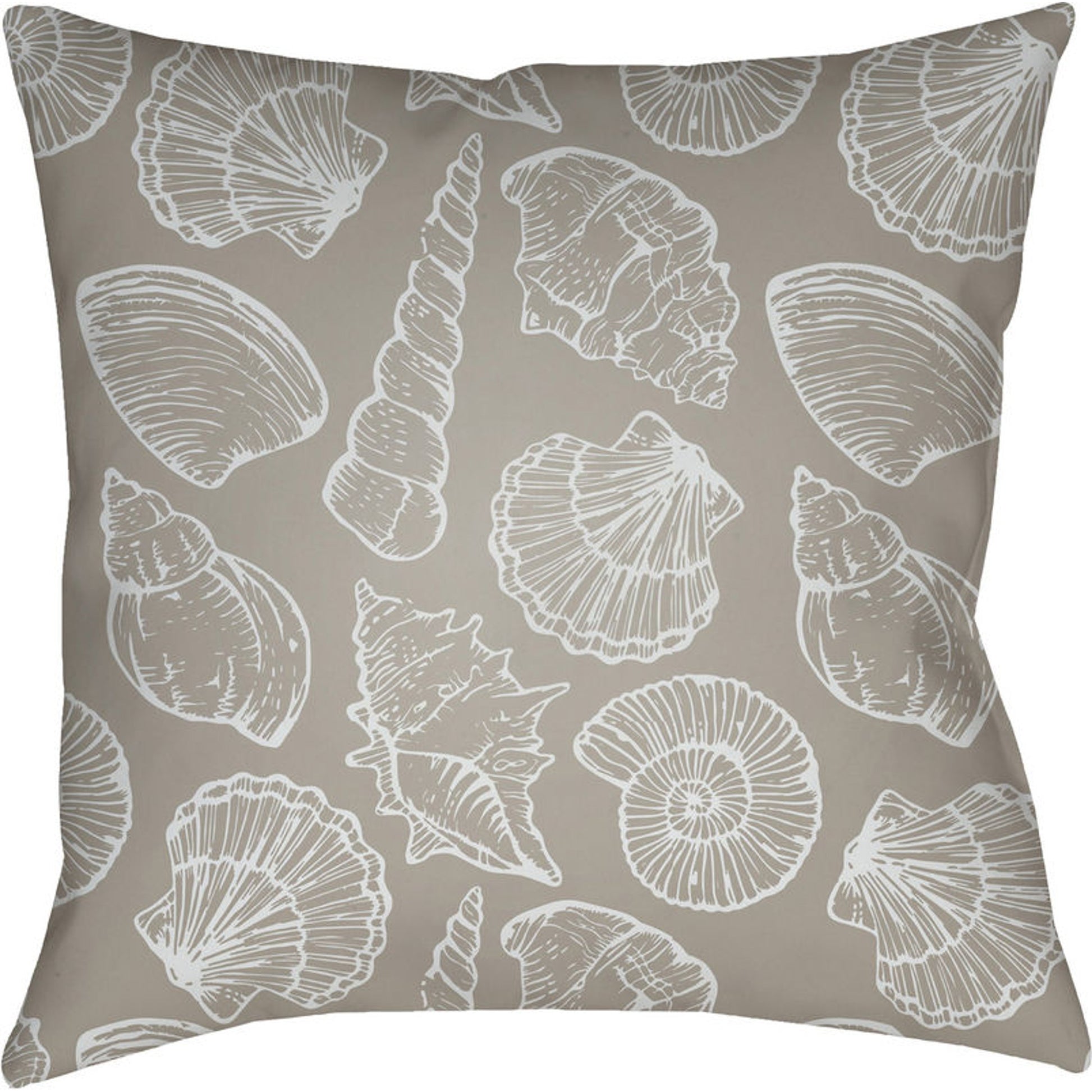 Shells III Indoor/Outdoor Pillow by Livabliss in beige, white. Made from front: 100% polyester, back: 100% polyester in a coastal style.