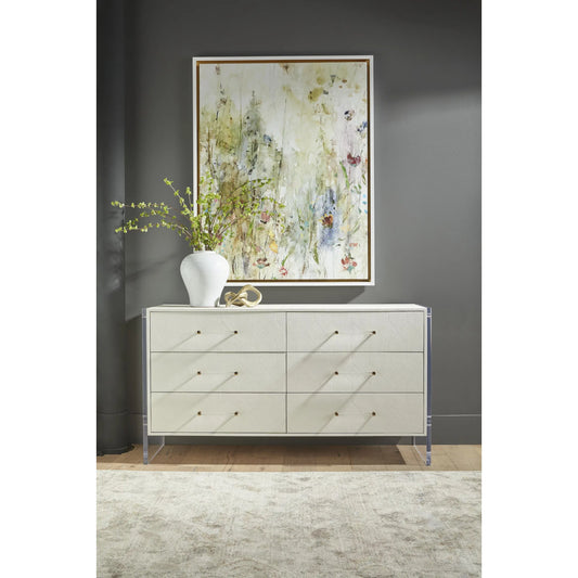 Sonia Shagreen Double Dresser by Essentials For Living in pearl shagreen, lucite, brushed brass. Made from faux shagreen resin, solid rubberwood, solid beech, mdf, acrylic, metal in a modern style.