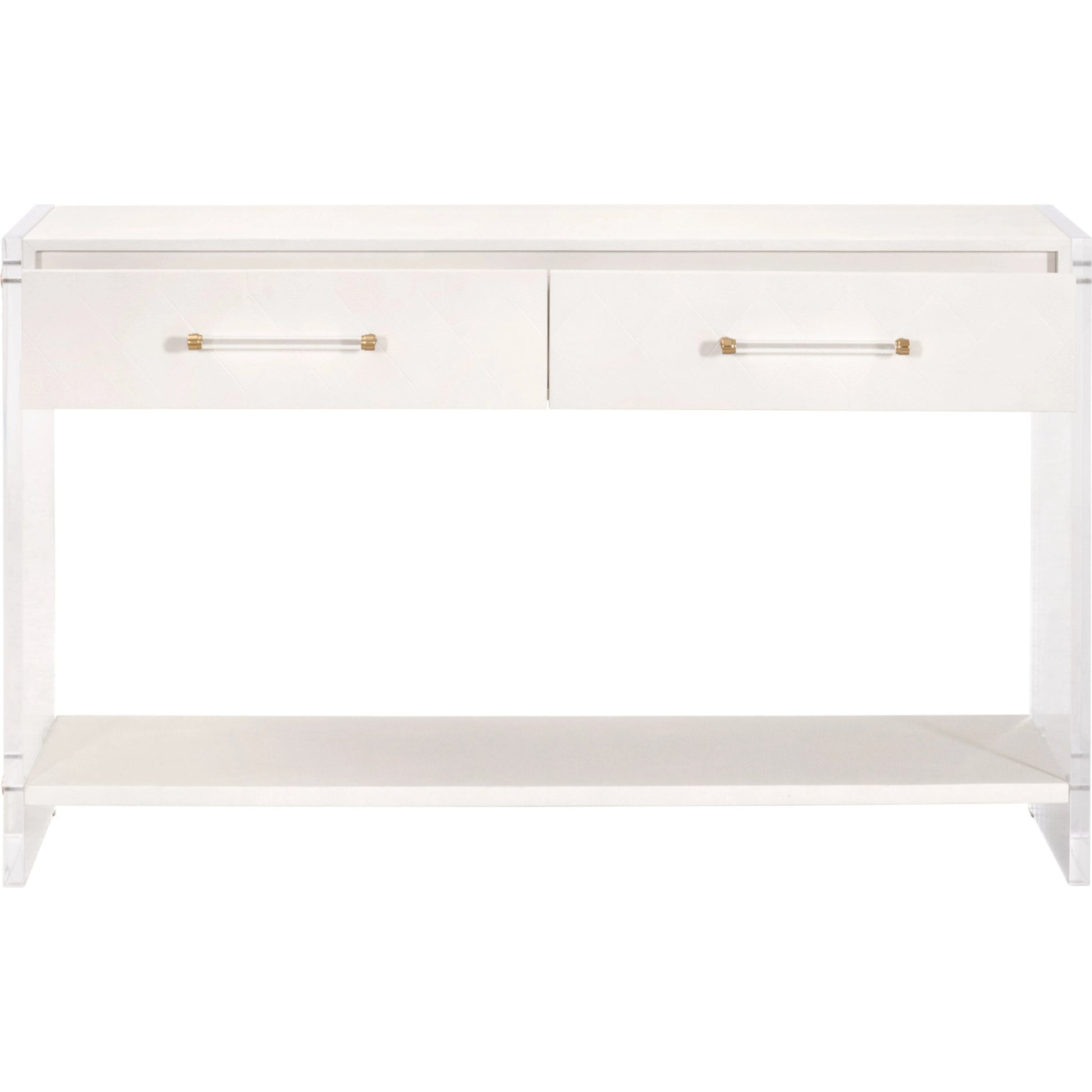 Sonia Shagreen Console Table by Essentials For Living in pearl shagreen, lucite, brushed brass. Made from faux shagreen resin, solid rubberwood, solid beech, mdf, acrylic, metal in a modern style.