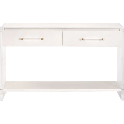 Sonia Shagreen Console Table by Essentials For Living in pearl shagreen, lucite, brushed brass. Made from faux shagreen resin, solid rubberwood, solid beech, mdf, acrylic, metal in a modern style.