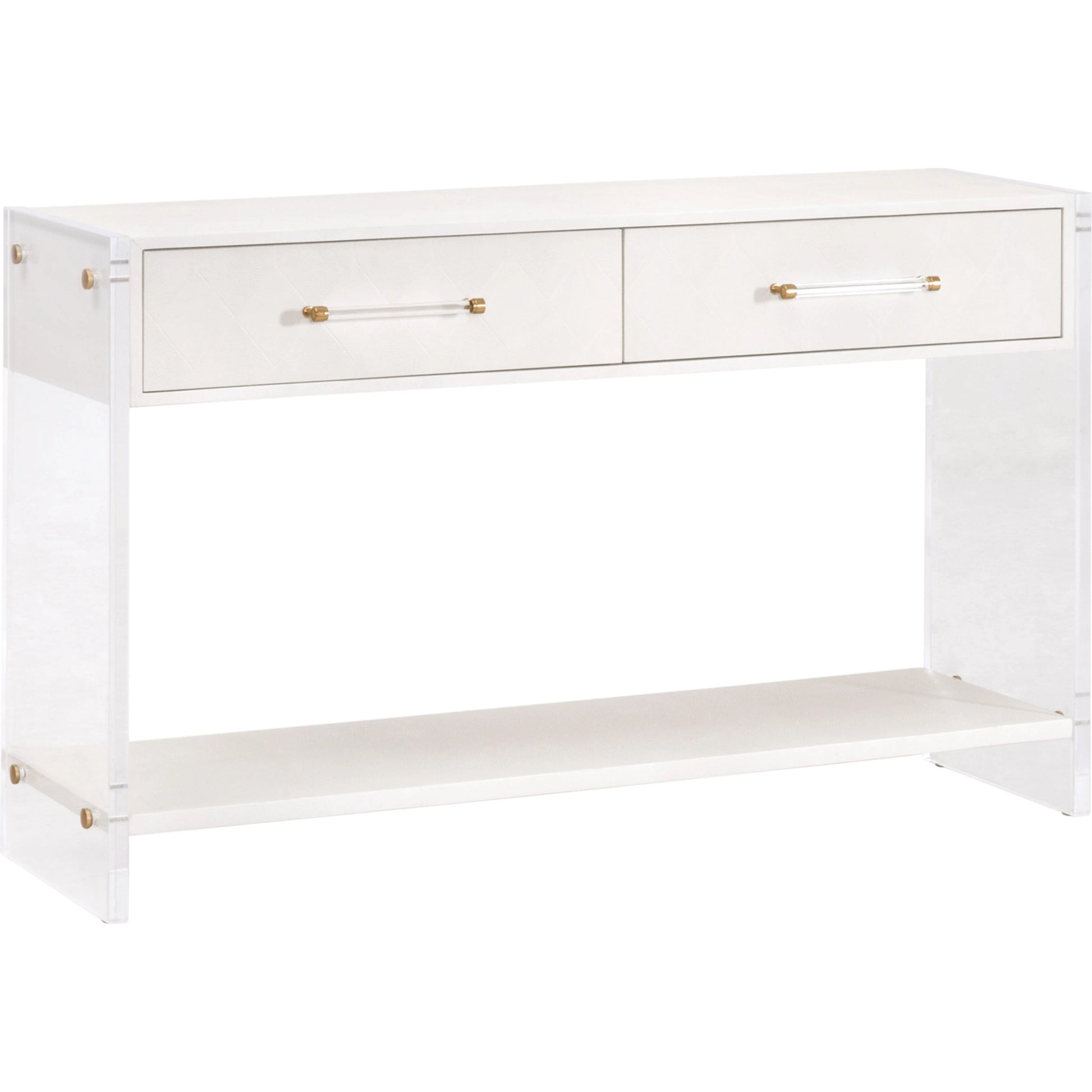 Sonia Shagreen Console Table by Essentials For Living in pearl shagreen, lucite, brushed brass. Made from faux shagreen resin, solid rubberwood, solid beech, mdf, acrylic, metal in a modern style.