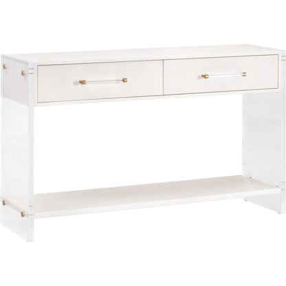 Sonia Shagreen Console Table by Essentials For Living in pearl shagreen, lucite, brushed brass. Made from faux shagreen resin, solid rubberwood, solid beech, mdf, acrylic, metal in a modern style.