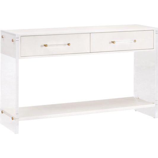 Sonia Shagreen Console Table by Essentials For Living in pearl shagreen, lucite, brushed brass. Made from faux shagreen resin, solid rubberwood, solid beech, mdf, acrylic, metal in a modern style.