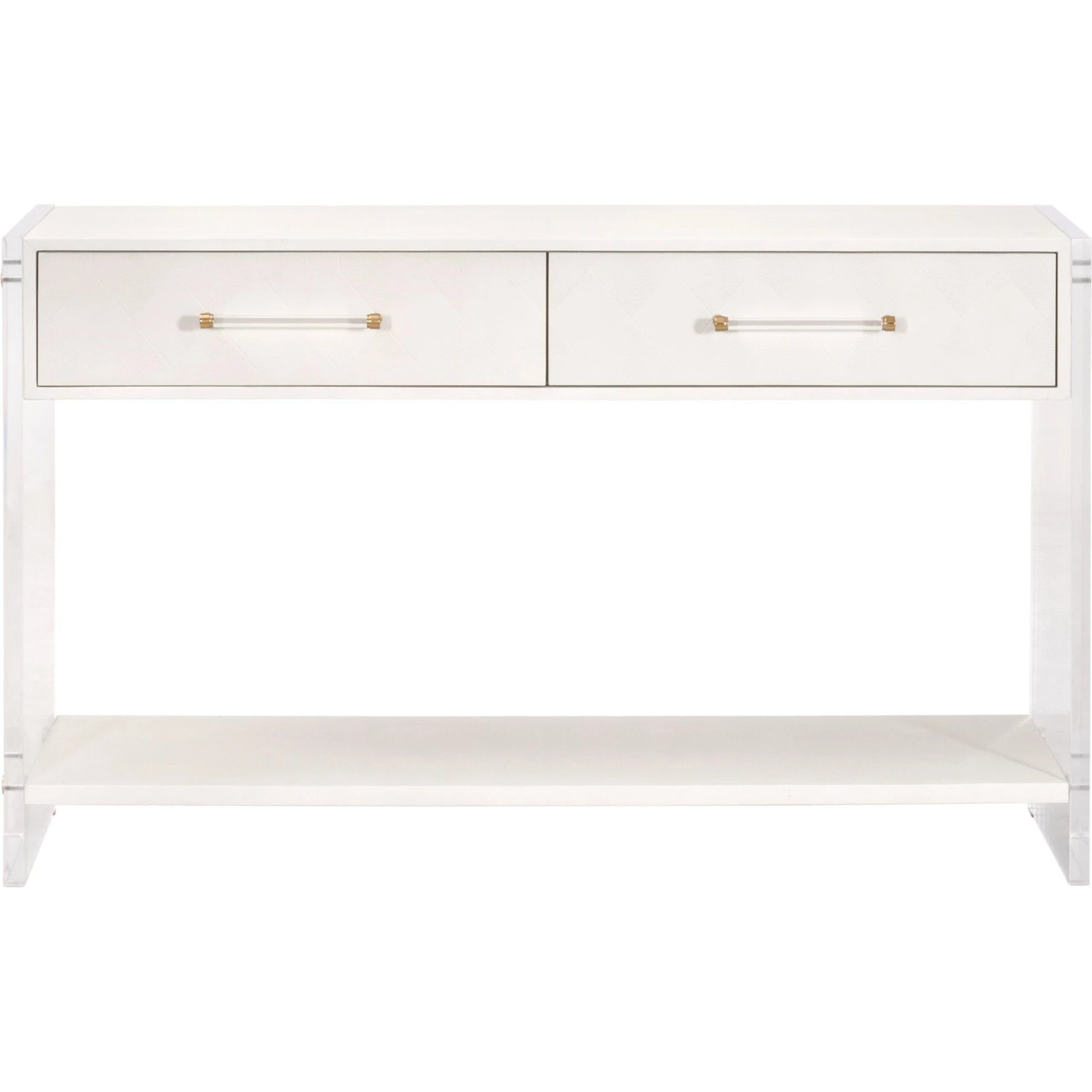 Sonia Shagreen Console Table by Essentials For Living in pearl shagreen, lucite, brushed brass. Made from faux shagreen resin, solid rubberwood, solid beech, mdf, acrylic, metal in a modern style.