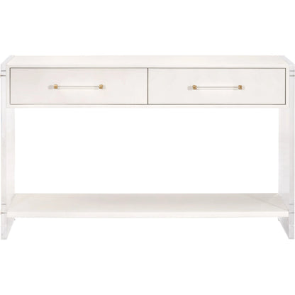 Sonia Shagreen Console Table by Essentials For Living in pearl shagreen, lucite, brushed brass. Made from faux shagreen resin, solid rubberwood, solid beech, mdf, acrylic, metal in a modern style.
