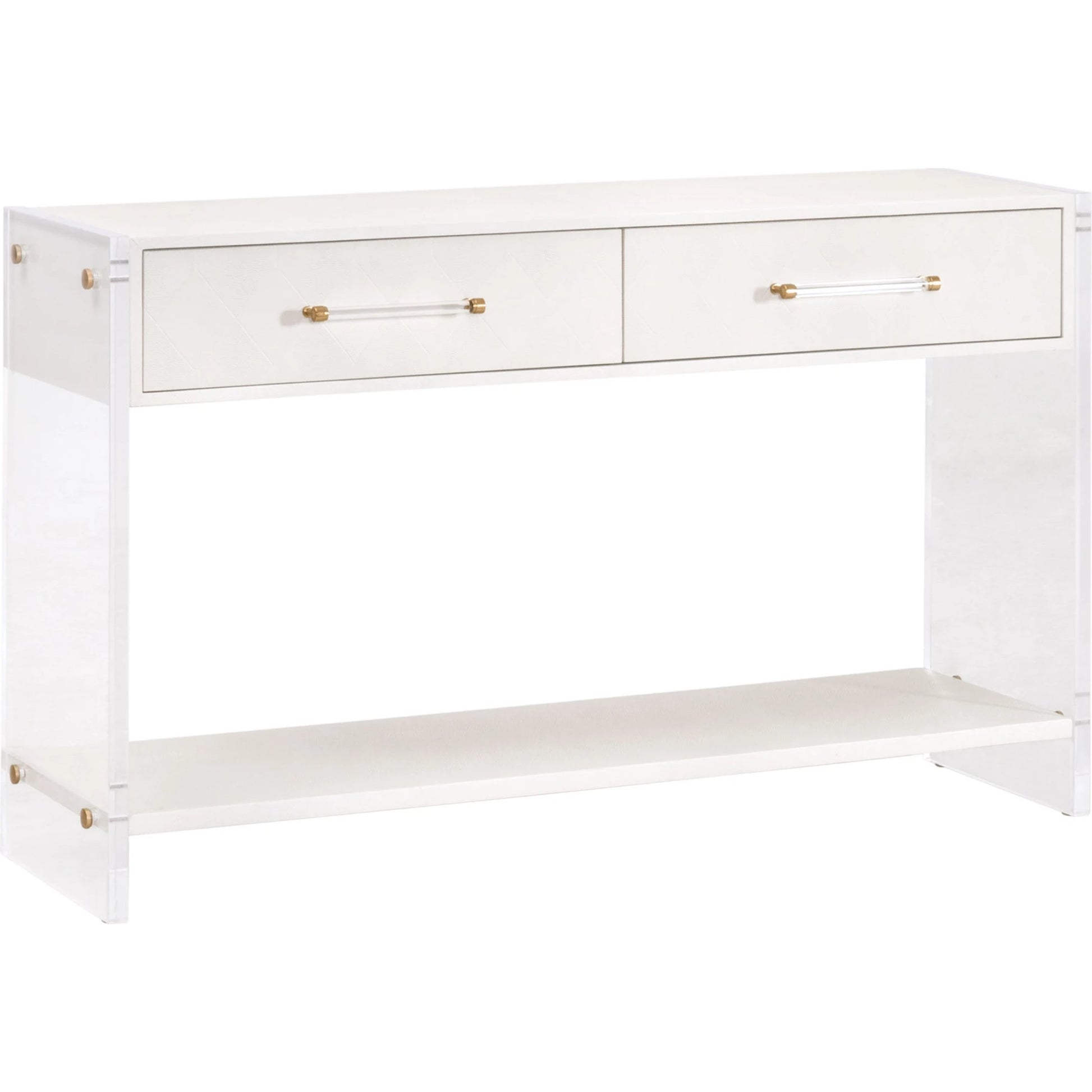 Sonia Shagreen Console Table by Essentials For Living in pearl shagreen, lucite, brushed brass. Made from faux shagreen resin, solid rubberwood, solid beech, mdf, acrylic, metal in a modern style.
