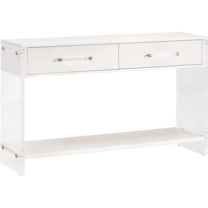 Sonia Shagreen Console Table by Essentials For Living in pearl shagreen, lucite, brushed brass. Made from faux shagreen resin, solid rubberwood, solid beech, mdf, acrylic, metal in a modern style.