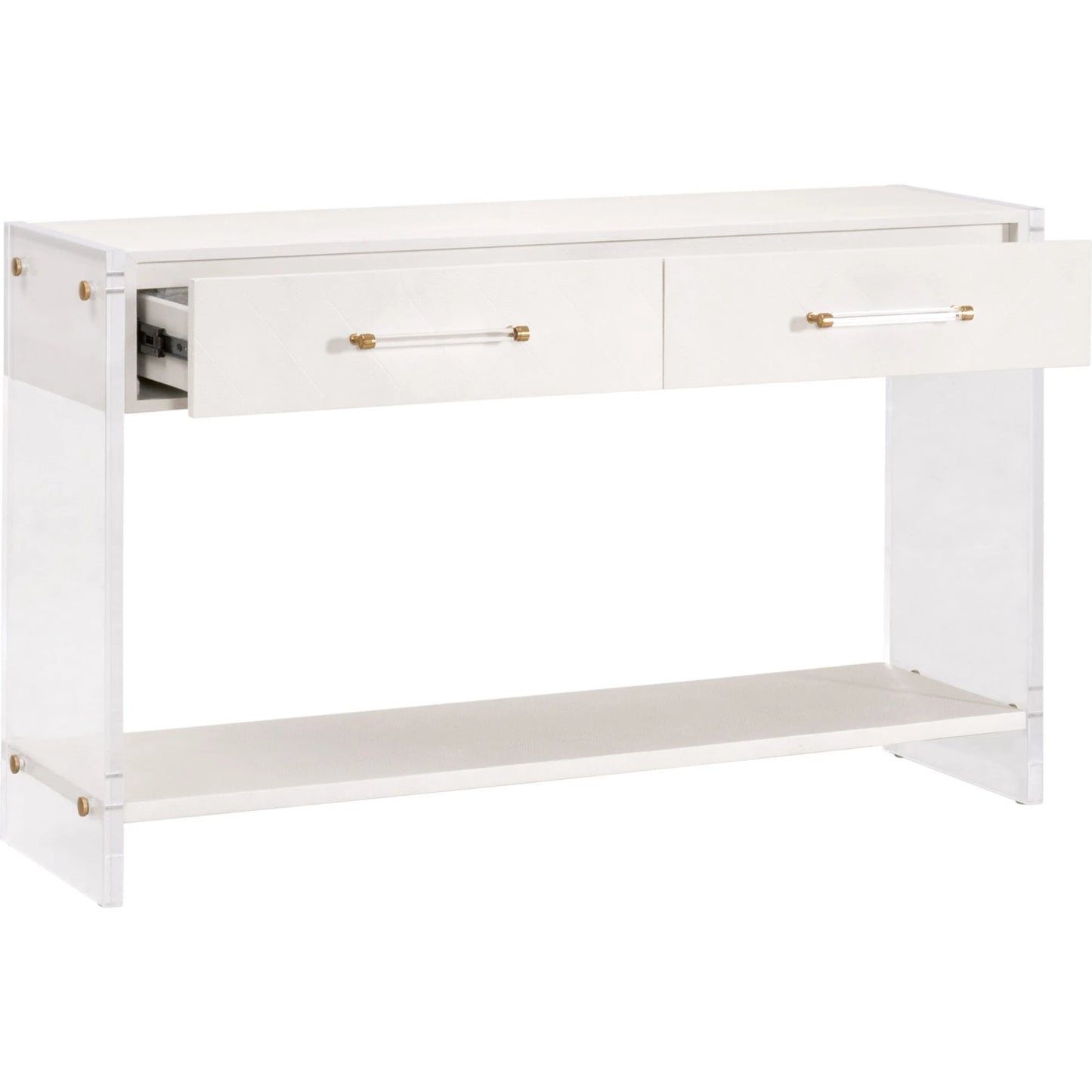 003 SI-2072293 | Additional Silo | Sonia Shagreen Console Table by Essentials For Living in pearl shagreen, lucite, brushed brass. Made from faux shagreen resin, solid rubberwood, solid beech, mdf, acrylic, metal in a modern style.