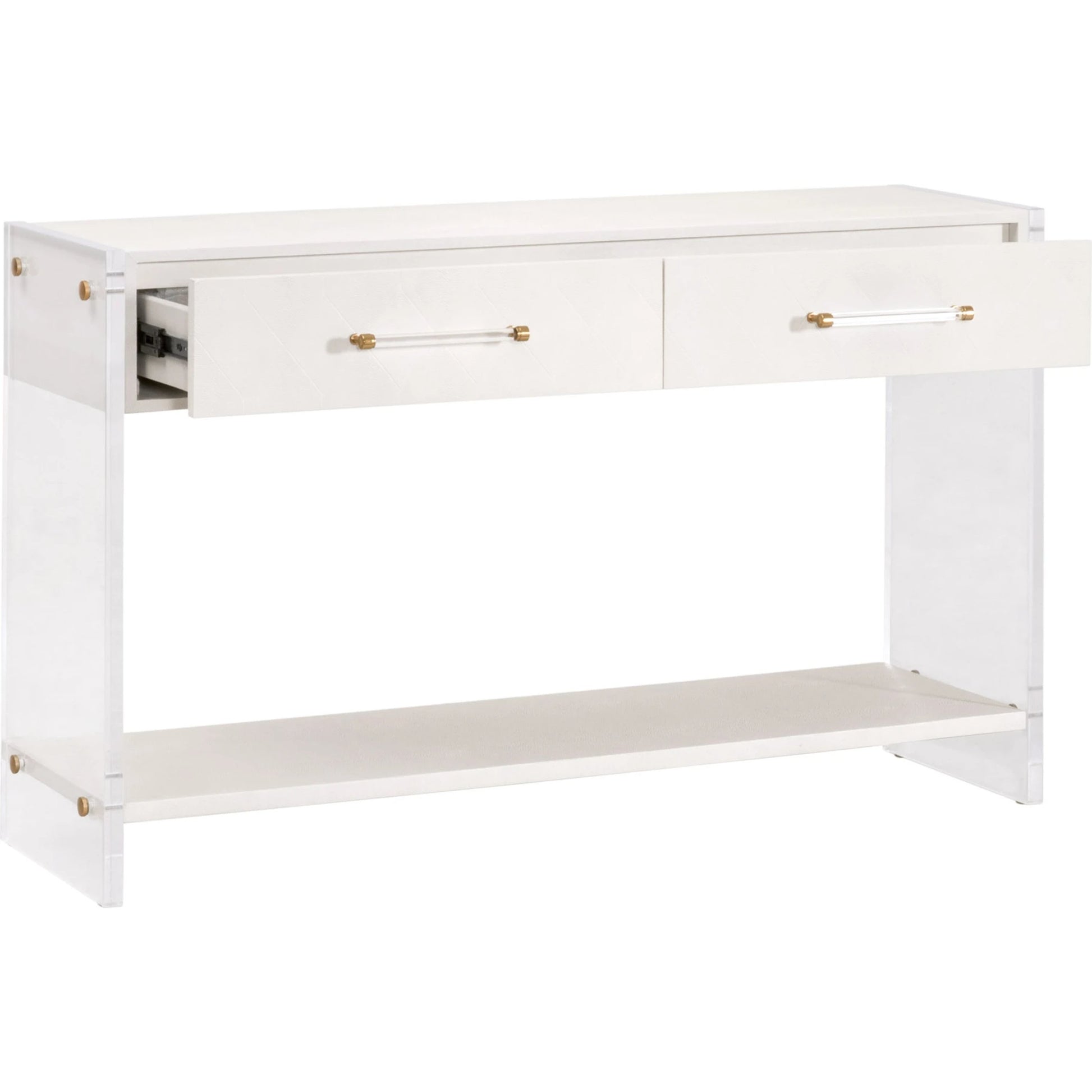 Sonia Shagreen Console Table by Essentials For Living in pearl shagreen, lucite, brushed brass. Made from faux shagreen resin, solid rubberwood, solid beech, mdf, acrylic, metal in a modern style.