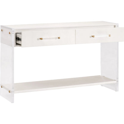Sonia Shagreen Console Table by Essentials For Living in pearl shagreen, lucite, brushed brass. Made from faux shagreen resin, solid rubberwood, solid beech, mdf, acrylic, metal in a modern style.