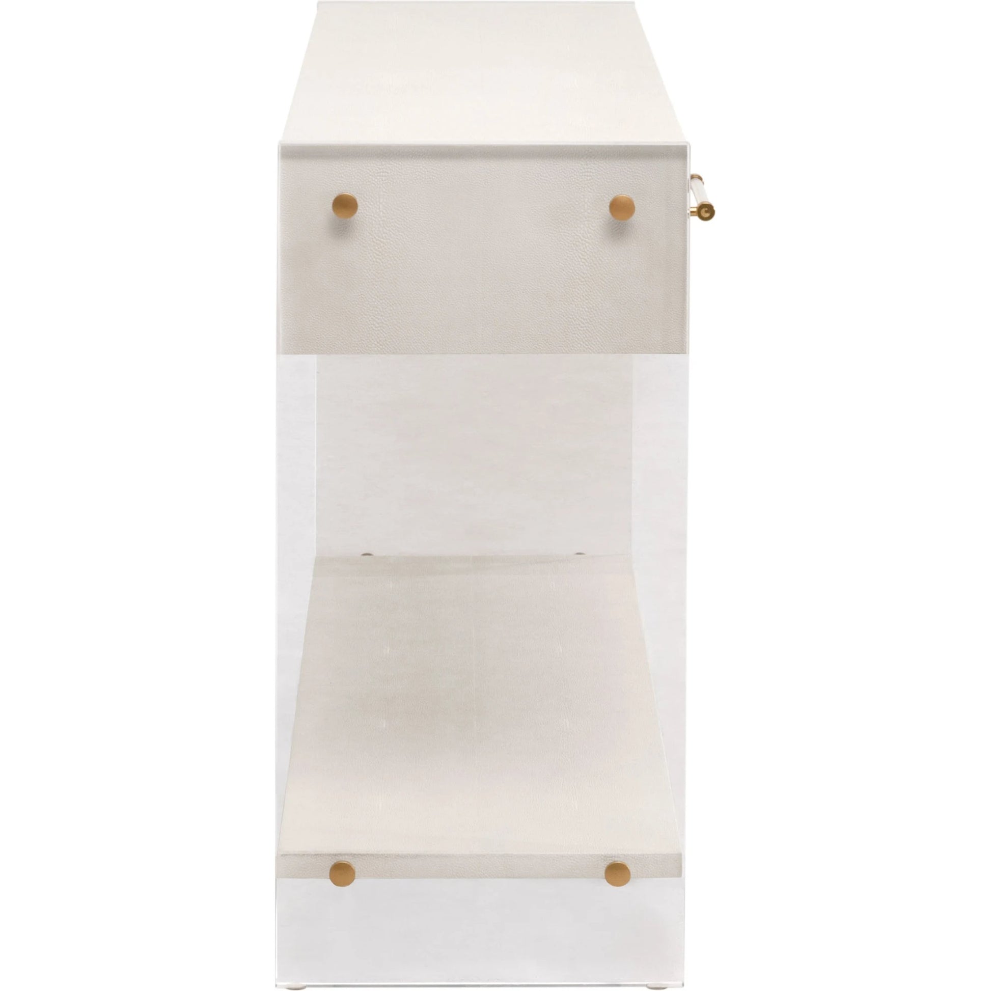 Sonia Shagreen Console Table by Essentials For Living in pearl shagreen, lucite, brushed brass. Made from faux shagreen resin, solid rubberwood, solid beech, mdf, acrylic, metal in a modern style.