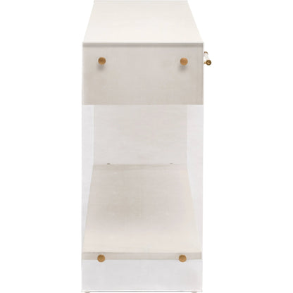 Sonia Shagreen Console Table by Essentials For Living in pearl shagreen, lucite, brushed brass. Made from faux shagreen resin, solid rubberwood, solid beech, mdf, acrylic, metal in a modern style.