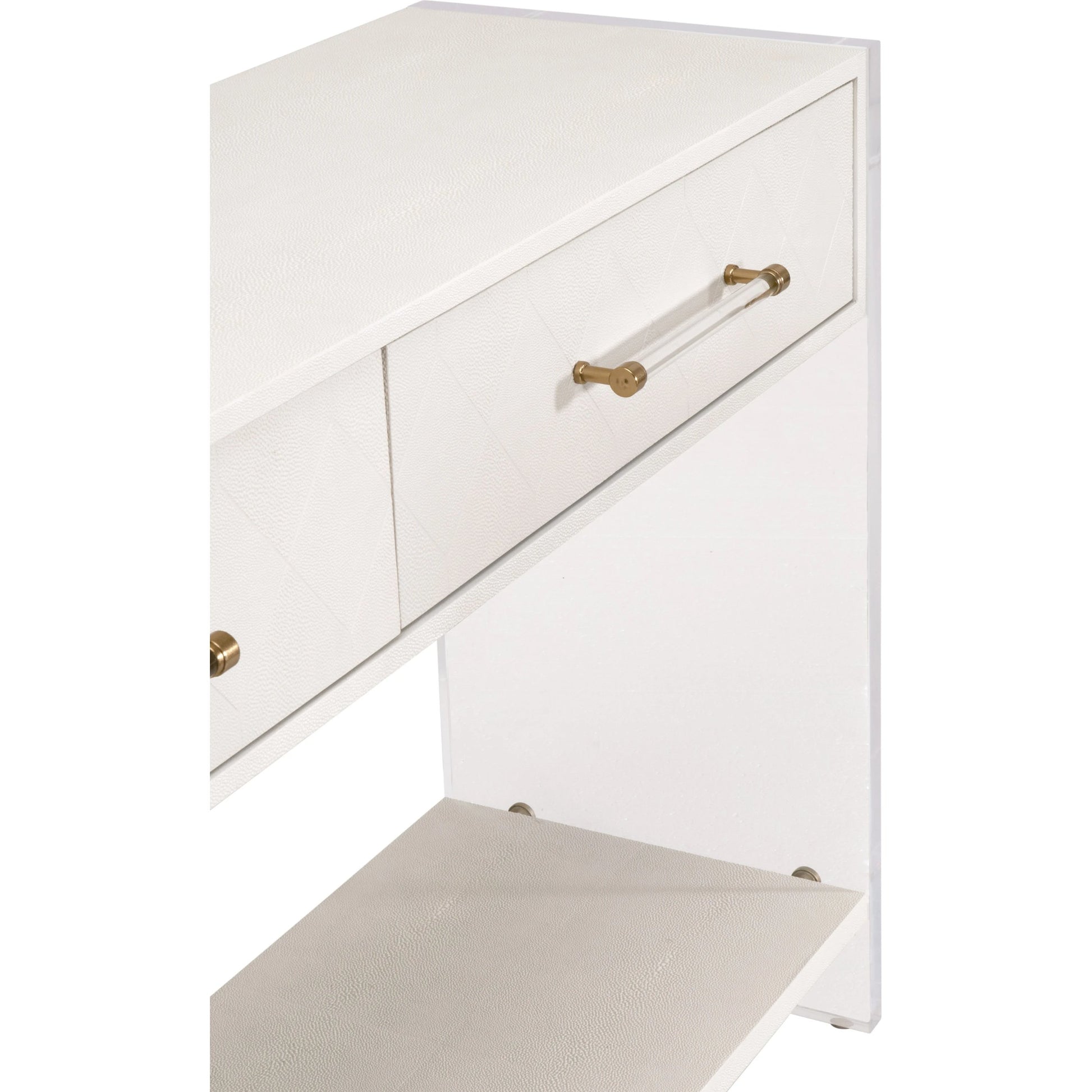 Sonia Shagreen Console Table by Essentials For Living in pearl shagreen, lucite, brushed brass. Made from faux shagreen resin, solid rubberwood, solid beech, mdf, acrylic, metal in a modern style.