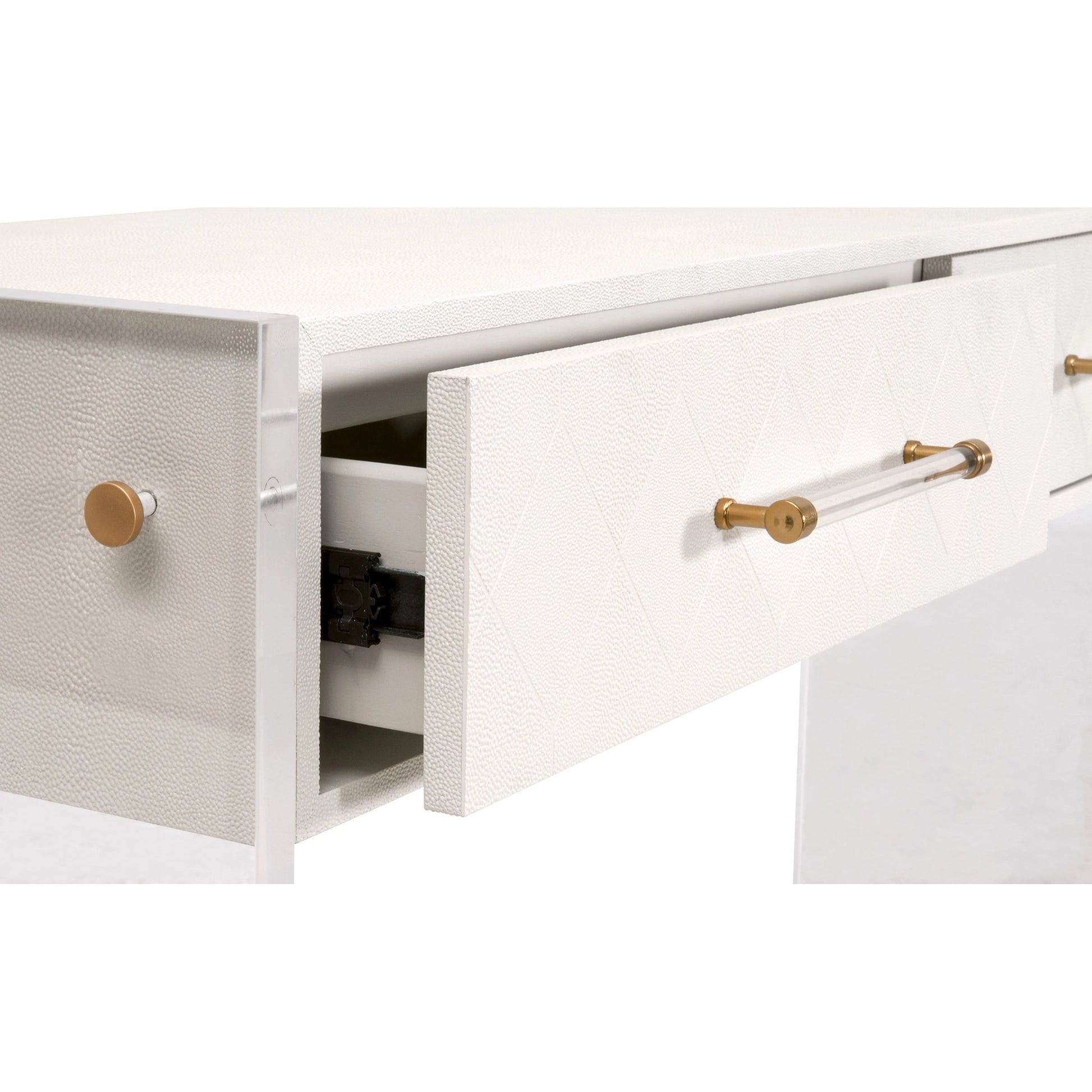 Sonia Shagreen Console Table by Essentials For Living in pearl shagreen, lucite, brushed brass. Made from faux shagreen resin, solid rubberwood, solid beech, mdf, acrylic, metal in a modern style.