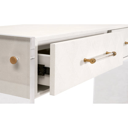 Sonia Shagreen Console Table by Essentials For Living in pearl shagreen, lucite, brushed brass. Made from faux shagreen resin, solid rubberwood, solid beech, mdf, acrylic, metal in a modern style.