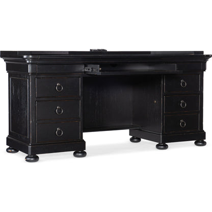 Bristowe Computer Credenza by Hooker Furniture in tuxedo black. Made from pecan veneers in a unique style.