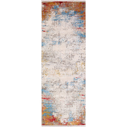Solar SOR-2303 Rug by Surya in orange, saffron, red, sky blue, white, gray. Made from 70% viscose, 30% acrylic in a unique style.