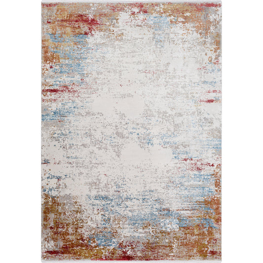 Solar SOR-2303 Rug by Surya in orange, saffron, red, sky blue, white, gray. Made from 70% viscose, 30% acrylic in a unique style.