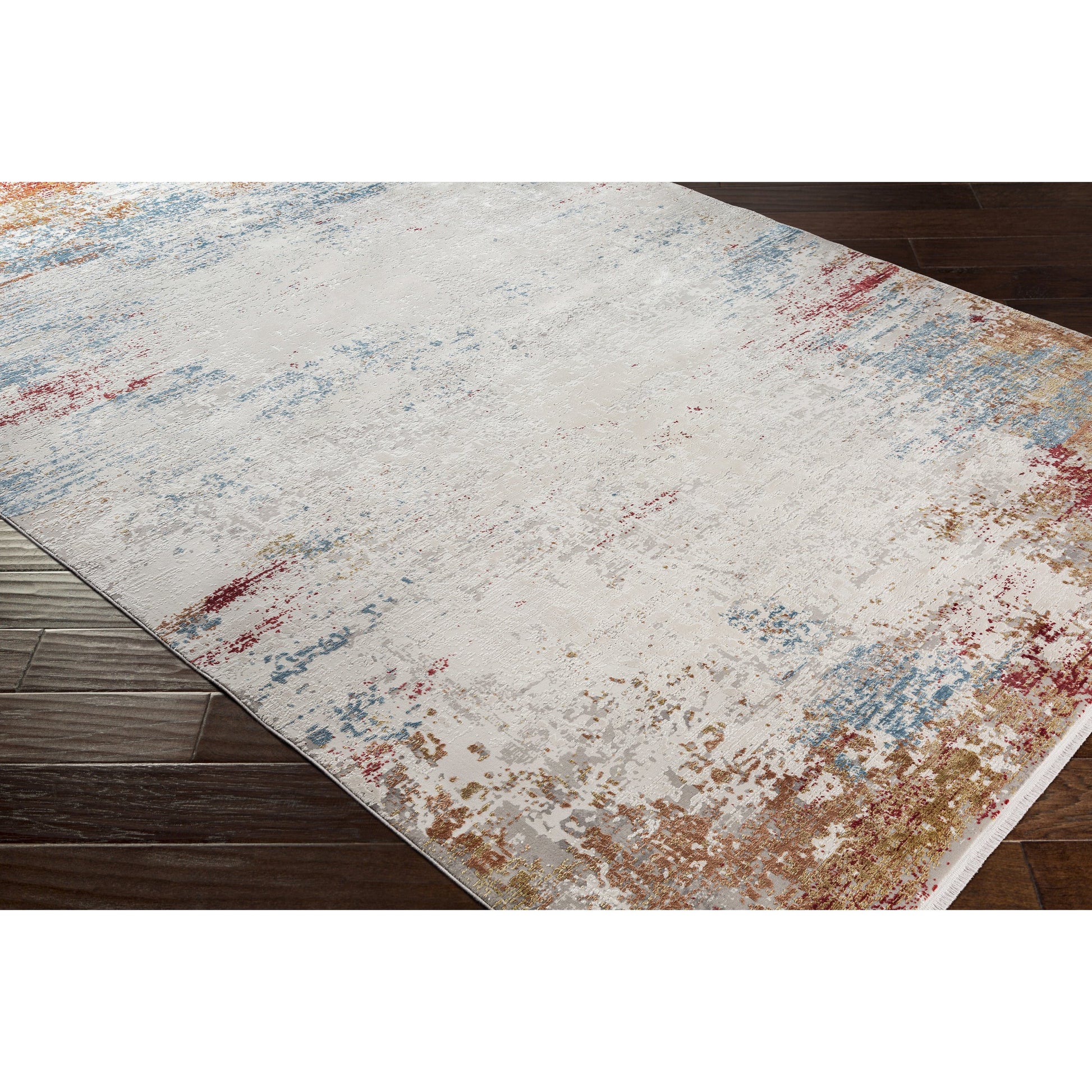 Solar SOR-2303 Rug by Surya in orange, saffron, red, sky blue, white, gray. Made from 70% viscose, 30% acrylic in a unique style.