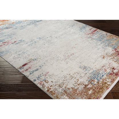 Solar SOR-2303 Rug by Surya in orange, saffron, red, sky blue, white, gray. Made from 70% viscose, 30% acrylic in a unique style.