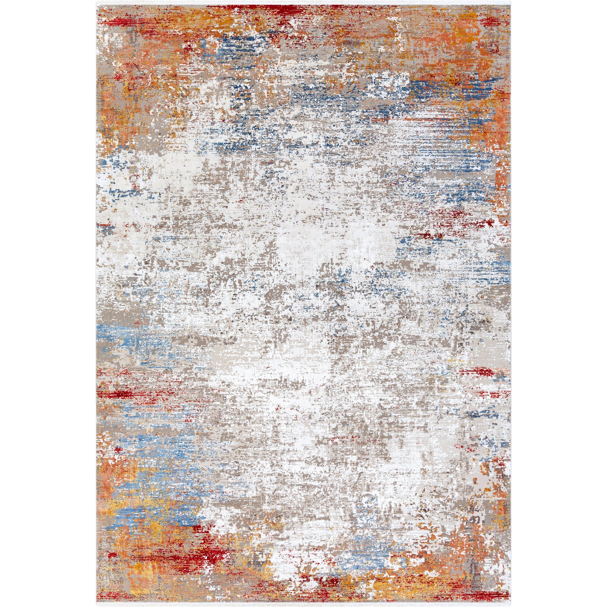Solar SOR-2303 Rug by Surya in orange, saffron, red, sky blue, white, gray. Made from 70% viscose, 30% acrylic in a unique style.