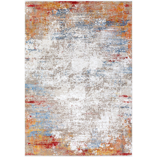 Solar SOR-2303 Rug by Surya in orange, saffron, red, sky blue, white, gray. Made from 70% viscose, 30% acrylic in a unique style.