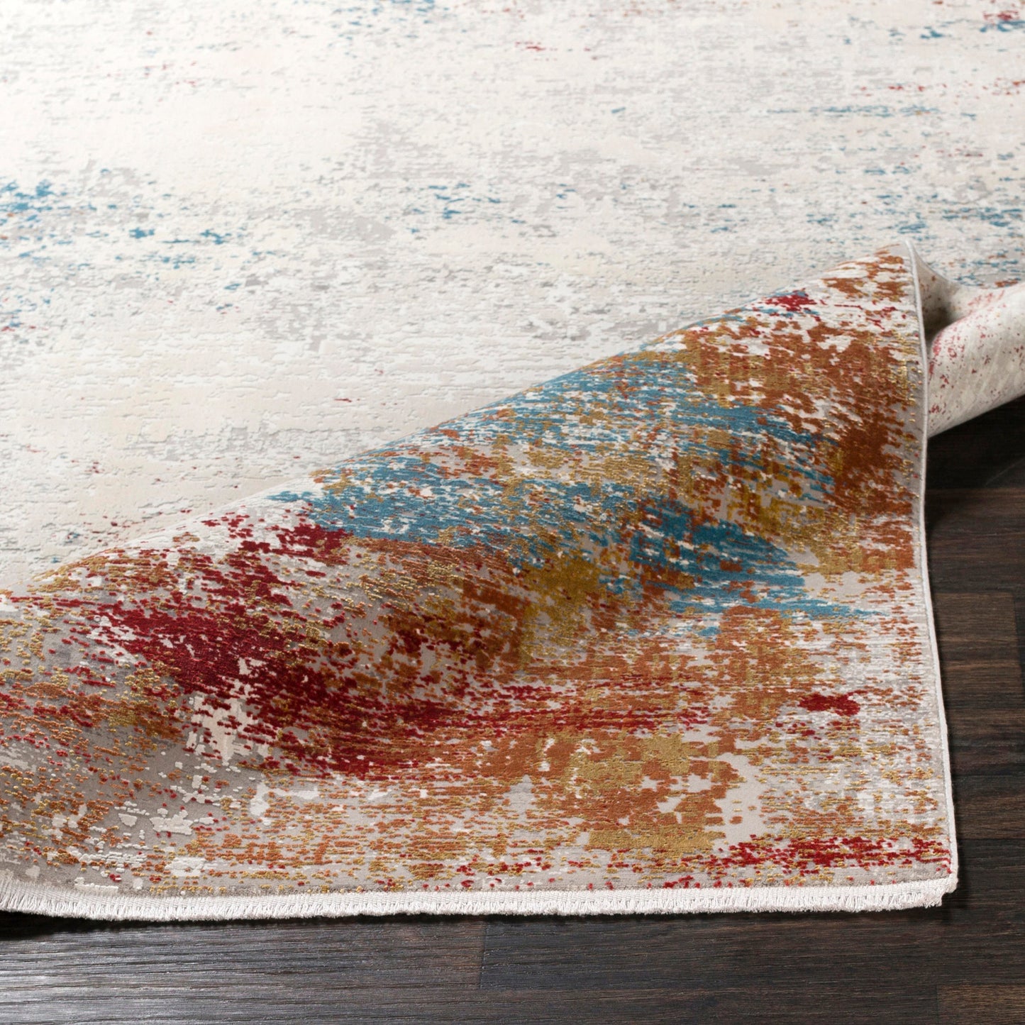 005 102421-41778,102421-41779,SI-1863542,SI-1863545 | Closeup | Solar SOR-2303 Rug by Surya in orange, saffron, red, sky blue, white, gray. Made from 70% viscose, 30% acrylic in a unique style.