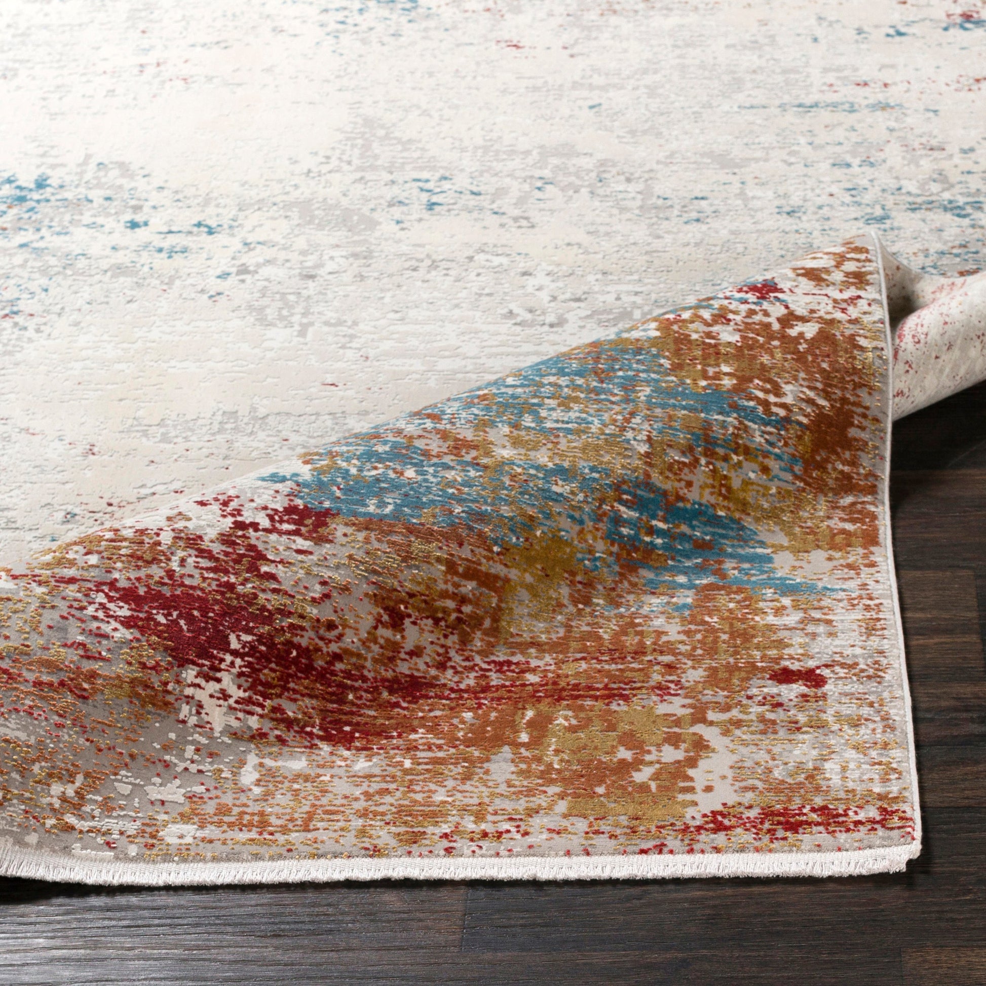 Solar SOR-2303 Rug by Surya in orange, saffron, red, sky blue, white, gray. Made from 70% viscose, 30% acrylic in a unique style.
